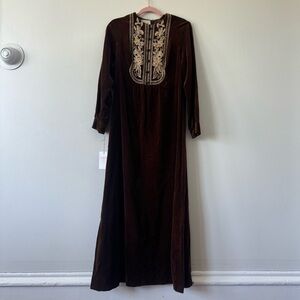 Vintage Velvet 70s Long Sleeve Brown Dress with Embroidery